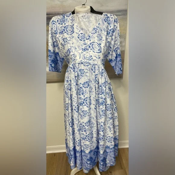🥳SUMMER🥳 MALDILA BLUE/White Boho Midi Dress, Size L - Picture 5 of 9